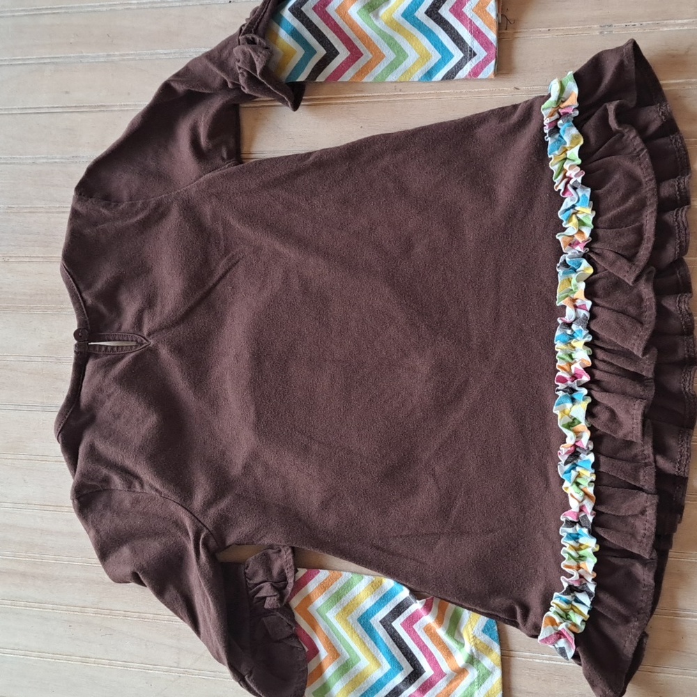 RareToo! Brown Owl Appliqué Chevron Sleeve Tunic Top Fall Thanksgiving Outfit - Picture 6 of 10